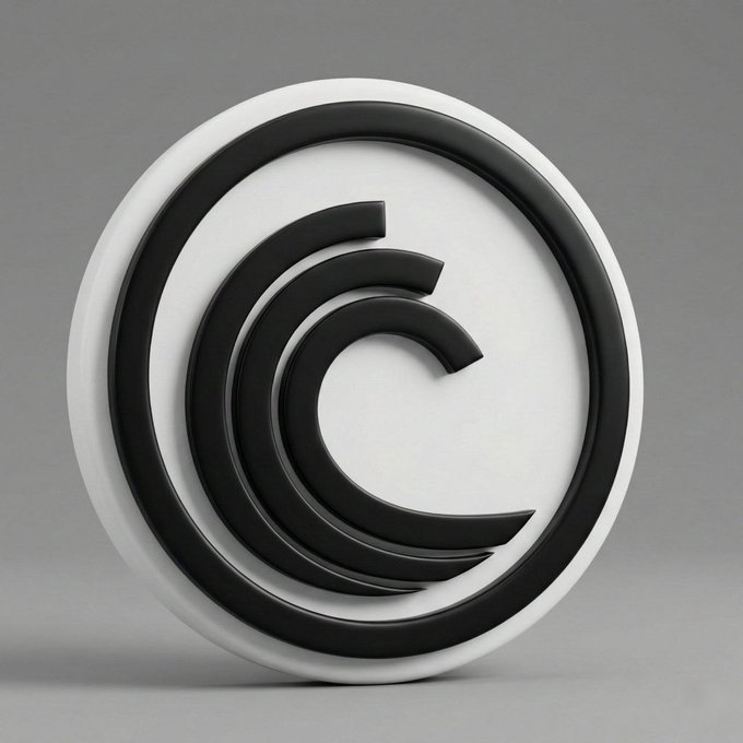 A 3D-rendered circular emblem featuring a black spiral design on a white background.