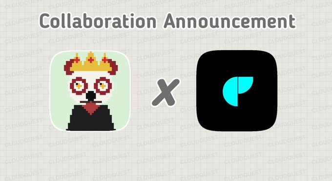 A collaboration announcement graphic featuring two app icons - a pixelated figure with a crown on the left and a black icon with a teal 'P' shape on the right - separated by an X on a 'CLOUDQUEST' watermarked background.