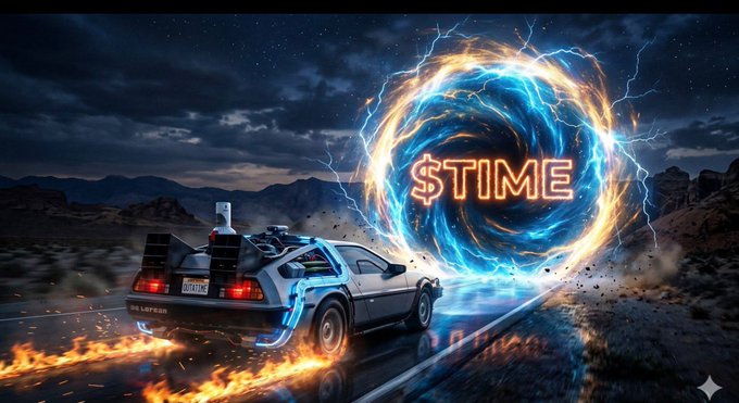 A digital artwork of a DeLorean-style car driving through a glowing blue and orange portal with '$TIME' displayed in the center, set against a desert landscape at night.