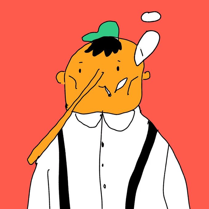 A stylized cartoon illustration shows a figure with an orange face, a green hat, and black hair wearing a white shirt with suspenders, holding a stick-like object across their face against a red background.