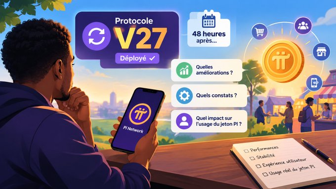A French-language infographic about "Protocole V27" shows a man looking at his phone displaying the Pi Network logo, with text asking "48 heures après... Quelles améliorations?, Quels constats?, Quel impact sur l'usage du jeton Pi?" alongside a checklist for performance evaluation.