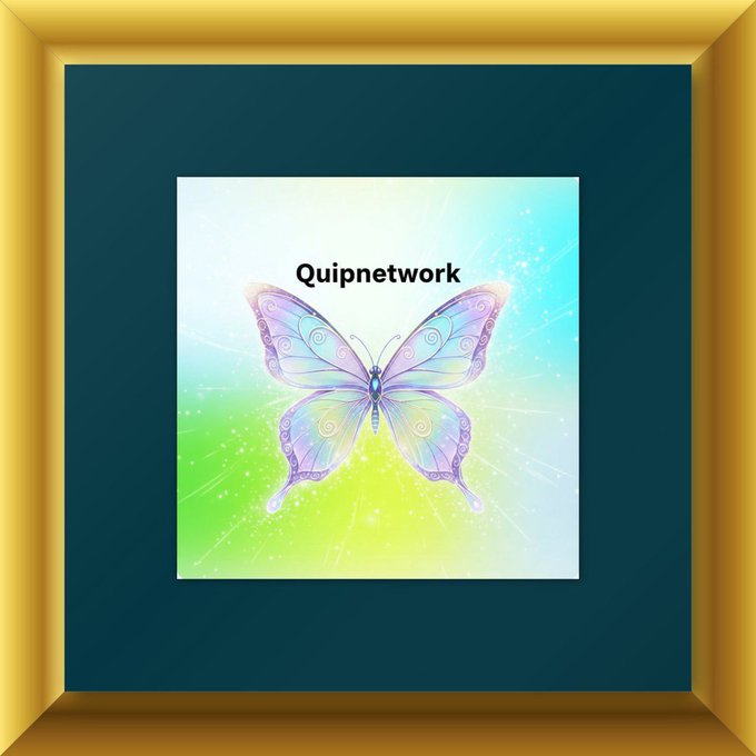 A framed image showing a colorful pastel butterfly with the text "Quipnetwork" against a sparkling teal and yellow background, enclosed in a gold frame.