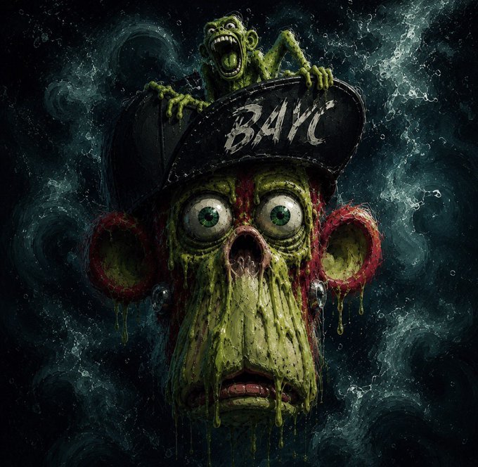 A dark, horror-style illustration of a grotesque green zombie-like monkey face with bulging eyes and a smaller figure emerging from its hat labeled 'BAYC,' surrounded by swirling stormy textures.