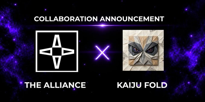 A 'COLLABORATION ANNOUNCEMENT' graphic featuring logos for 'THE ALLIANCE' and 'KAIJU FOLD' separated by an 'X' on a purple cosmic background.