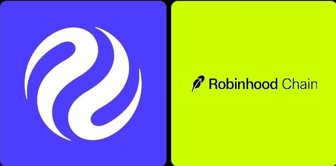 A split-screen graphic with a purple left side showing a white swirl logo and a bright green right side displaying 'Robinhood Chain' with a small feather icon.
