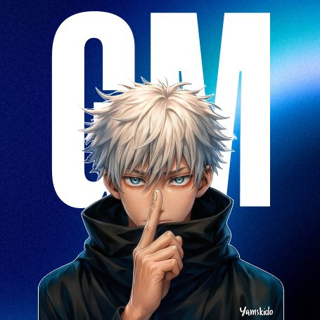 An anime-style illustration of a silver-haired male character with blue eyes holding a finger to his lips in a 'shh' gesture, wearing a black hooded jacket, with large blue letters 'OM' in the background and the signature 'YAMKIDO'.