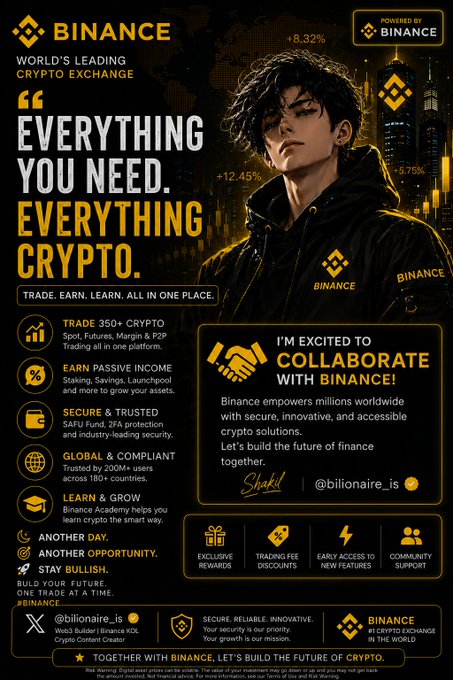 Black and gold Binance promotional banner featuring an anime-style character, a 'Web3 Builder | Binance KOL Crypto Content Creator' collaborator, and the slogan 'Everything you need. Everything crypto.'