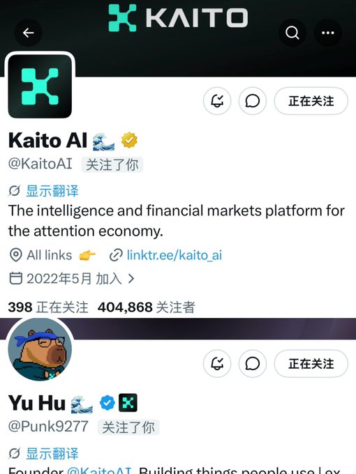 A Twitter/X profile page for 'Kaito AI' (@KaitoAI) with 398 following and 404,868 followers, described as 'The intelligence and financial markets platform for the attention economy.'