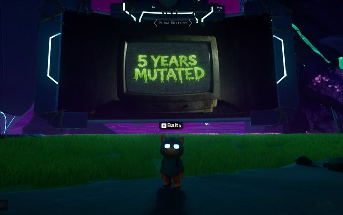 A screenshot from a video game (appears to be Fortnite) showing a character named 'Balt' standing in front of a large retro TV displaying '5 YEARS MUTATED' in green text in the 'Pulse District'.