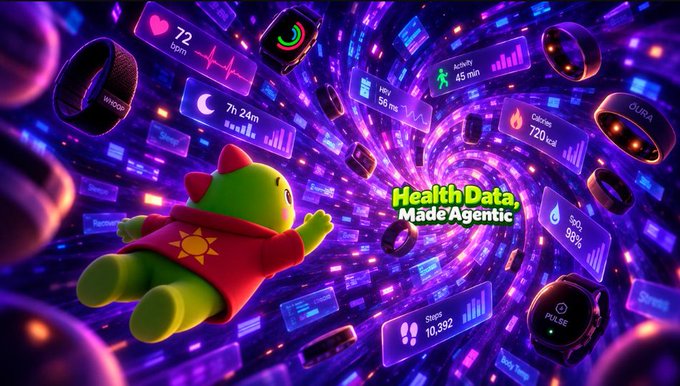 A vibrant promotional image featuring a green plush character in a red hoodie floating through a purple tunnel of glowing digital health widgets, with the text 'Health Data, Made Agentic.'