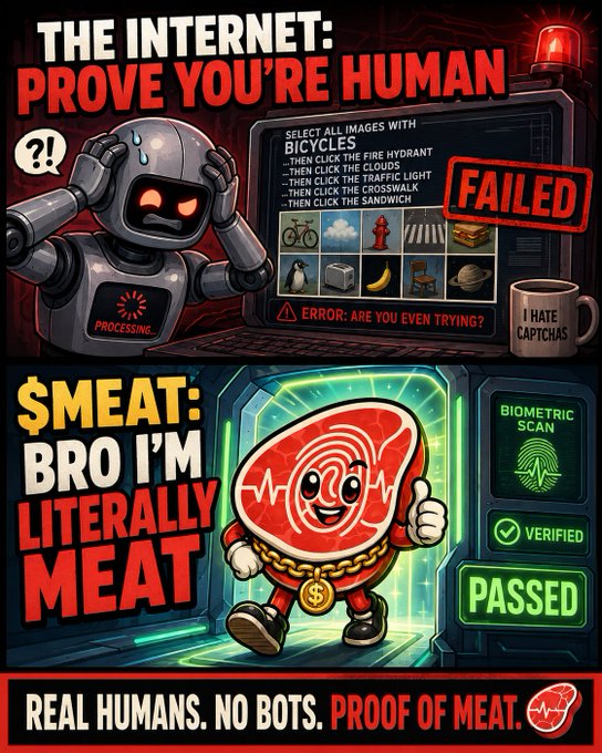 A two-panel satirical meme contrasting failed CAPTCHAs with a 'Proof of Meat' biometric scan verification system, featuring text 'THE INTERNET: PROVE YOU'RE HUMAN', '$MEAT: BRO I'M LITERALLY MEAT', and 'REAL HUMANS. NO BOTS. PROOF OF MEAT.'