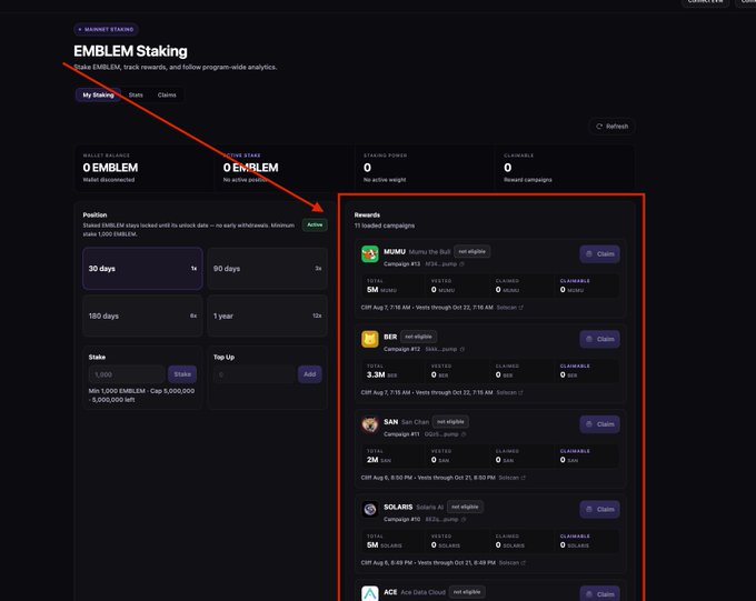 A screenshot of an 'EMBLEM Staking' dashboard showing '0 EMBLEM' wallet balance, with a red box highlighting various active campaigns like MUMU, BEZ, SAM, SOLARIS, and ACE that can be claimed.