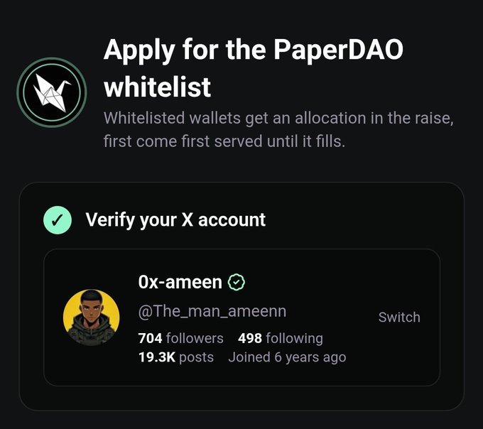 A screenshot showing a PaperDAO whitelist application with X account verification, displaying the verified handle 0x-ameeen (@The_man_ameenn) with 704 followers and 19.3K posts.