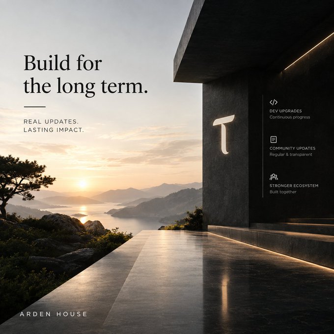 A scenic sunset over water with mountains, paired with the text 'Build for the long term. REAL UPDATES. LASTING IMPACT.' and labeled 'ARDEN HOUSE' alongside features like DEV UPGRADES, COMMUNITY UPDATES, and STRONGER ECOSYSTEM.