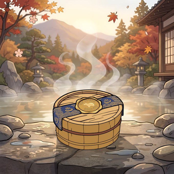 An illustrated Japanese-style scene featuring a wooden hot spring tub tied with a blue ceremonial cloth, steaming by a hot spring surrounded by autumn maple leaves, stone lanterns, and traditional architecture.