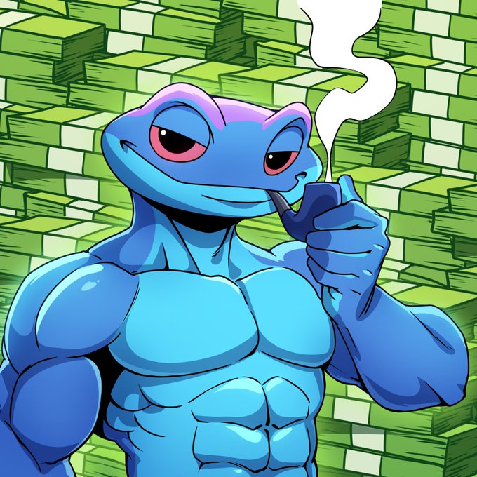 A digital illustration of a muscular blue frog with a smug expression, smoking a pipe in front of a background filled with stacks of money.