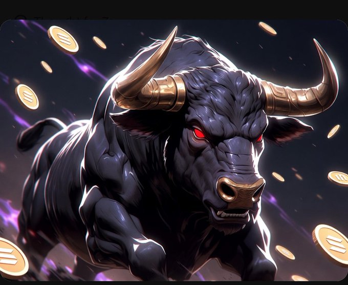 A digital artwork of a fierce black bull with glowing red eyes and golden horns charging forward, surrounded by floating gold coins and purple energy effects.
