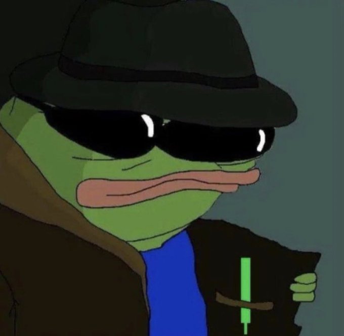 A cartoon illustration of a green frog character wearing a black fedora, dark sunglasses, and a brown coat, holding a glowing green lightsaber.