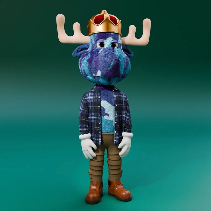 A 3D-rendered character of a blue and purple furry creature wearing moose antlers, a gold crown, a blue plaid shirt, brown pants, and brown boots stands against a teal background.