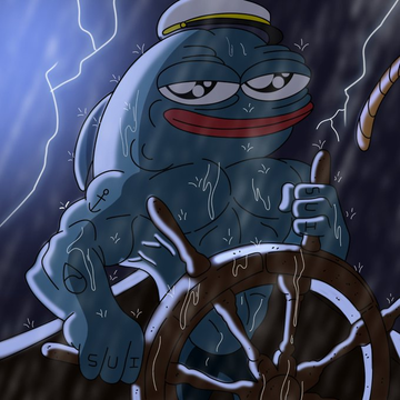A digital illustration of a muscular, blue fish-like character wearing a sailor hat, steering a ship's wheel in a stormy sea with lightning in the background.