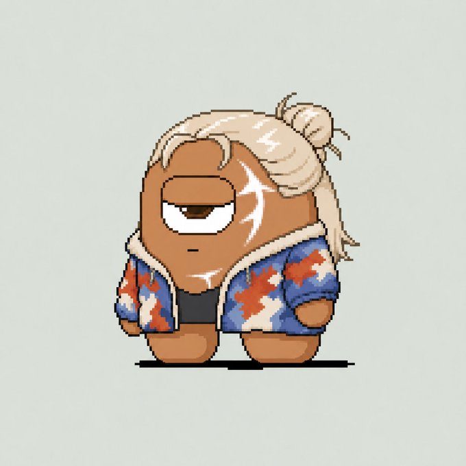 A pixel art illustration of a brown, potato-shaped character with blonde hair in a bun, wearing a blue, red, and white patterned jacket, standing on a white background.