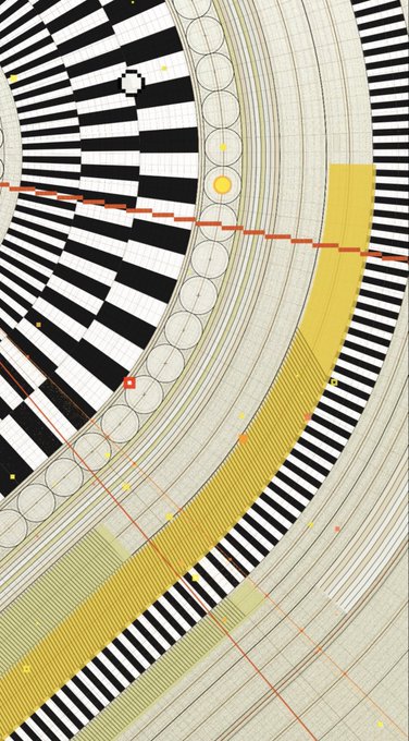 An abstract geometric design featuring concentric circles, black and white striped patterns, yellow accents, and red dashed lines on a textured off-white background.