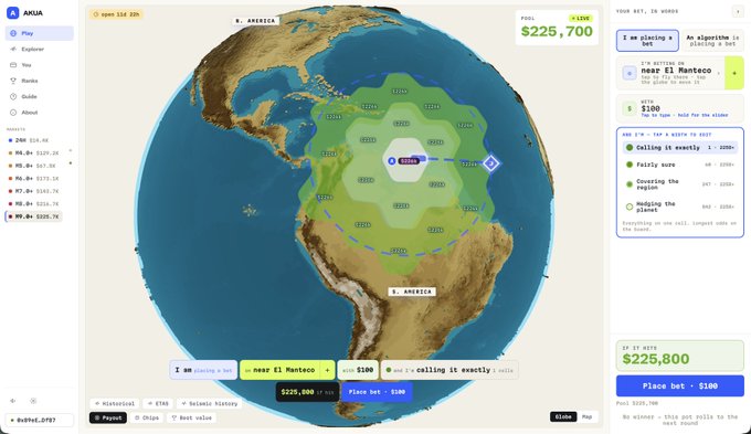 A screenshot of the Aqua prediction market platform displaying a globe centered on North America with green hex cells, showing a $225,700 pool for a satellite bet with a call near El Manteco.