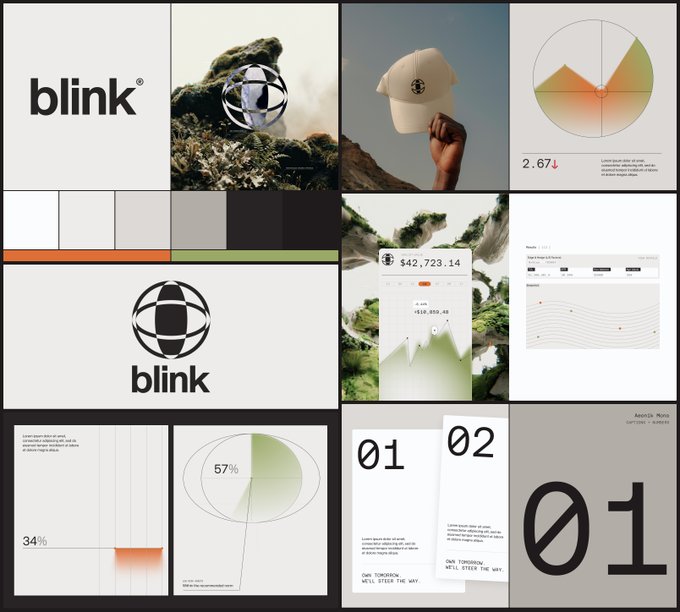 A brand presentation board for "blink" featuring a logo, color palette, cap and soccer ball imagery, financial charts, and design mockups.