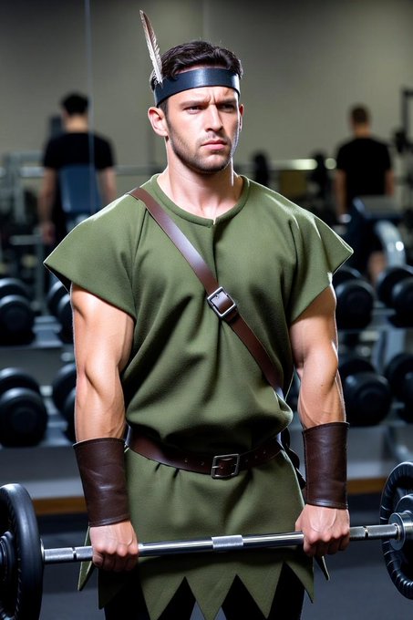 AI-generated image of a muscular man dressed in green Robin Hood-style attire with a feather headband, holding a barbell in a gym setting.