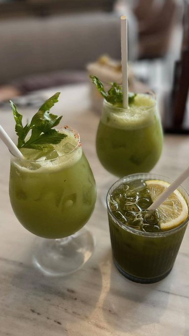 The image shows three glasses of green juice sitting on a table, each with a lemon slice placed inside. The juices are served in tall glasses that have been garnished with fresh herbs. The background appears to be a gray wall or surface, which contrasts nicely with the vibrant colors and textures of the drinks.