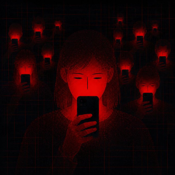 Dark stylized illustration of a woman with closed eyes illuminated by red light from her phone, surrounded by shadowy figures also absorbed in their glowing screens.