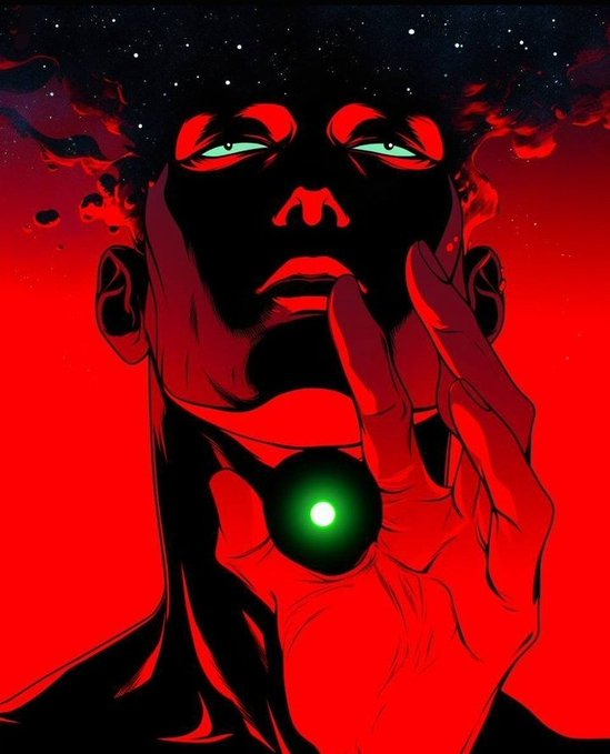 A stylized comic illustration shows a man with glowing green eyes against a red background with a starry sky, holding a glowing green orb between his fingers.