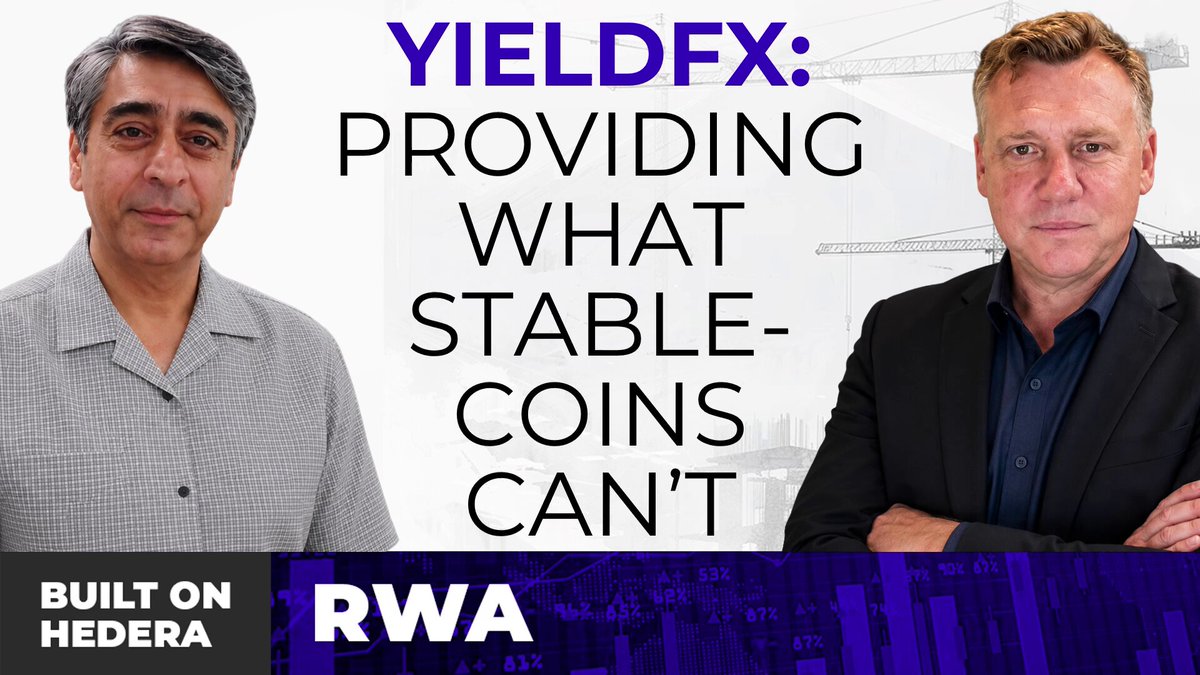 The image features two men standing next to each other, with one man wearing a suit and the other wearing a plaid shirt. The text "YieldFX: Providing What Stable-Coins Can't" is written above them, indicating that they are discussing stablecoins in relation to the post.