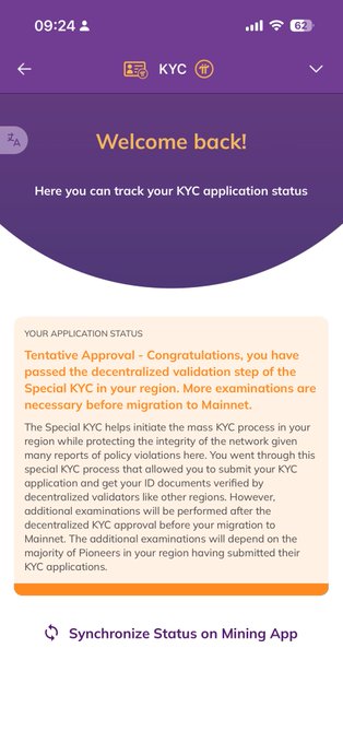 A mobile screenshot shows a "KYC" page with a "Welcome back!" header and a "Tentative Approval" message indicating the user passed decentralized validation but still needs to go through the special KYC process before migrating to Mainnet, contrasting the platform's celebratory tone with the post's frustration about unfulfilled promises and overlooked pioneers.