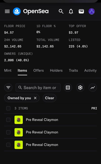 An OpenSea mobile screenshot showing a collection's stats (floor price $4.57, 24H volume $2,142.65, 2,006 unique owners) filtered to "Owned by you," displaying 3 "Pre Reveal Claymon" NFTs. The post's reference to being "eligible" appears to relate to the user owning 3 items in this collection, likely qualifying them for an airdrop or reward.