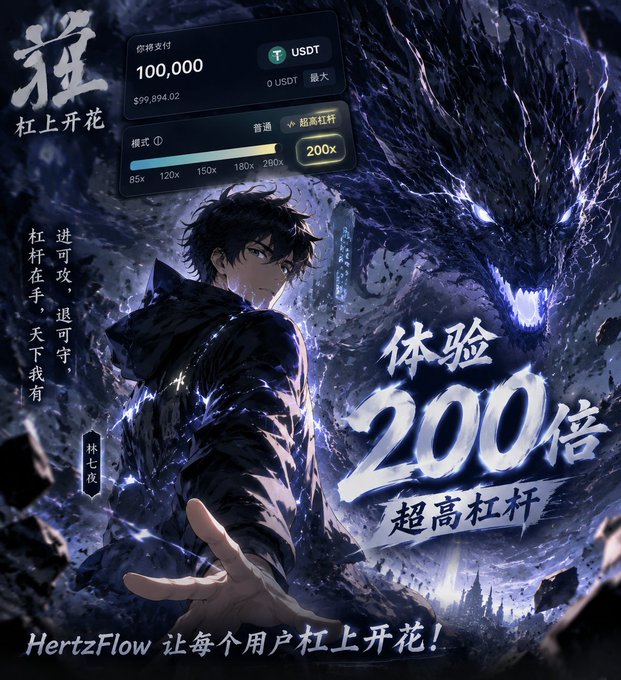 Anime-style promotional poster for HertzFlow featuring a male character with dark hair standing before a glowing blue dragon, advertising 200x leverage trading with USDT and the tagline 'HertzFlow 让每个用户杠上开花！'.