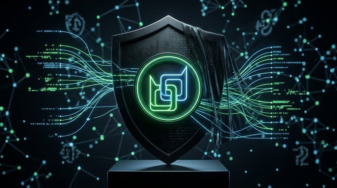 A digital graphic features a glowing green shield emblem in front of a dark background filled with network nodes and binary code.