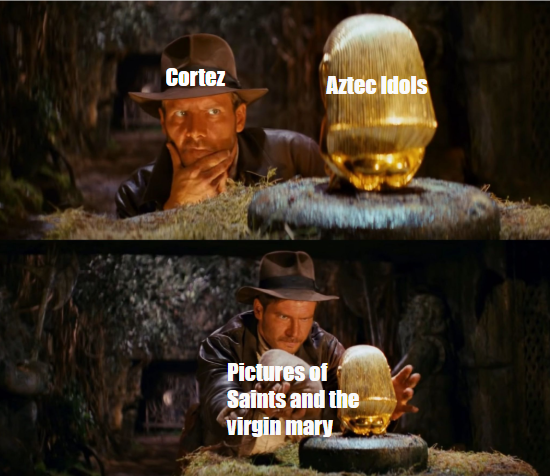 A two-panel meme featuring Harrison Ford as Indiana Jones. In the top panel, he reverently gazes at a golden idol labeled "Aztec Idols", and in the bottom panel, he hesitantly swaps it for a less impressive item labeled "Pictures of Saints and the Virgin mary" with his face captioned "Cortez".