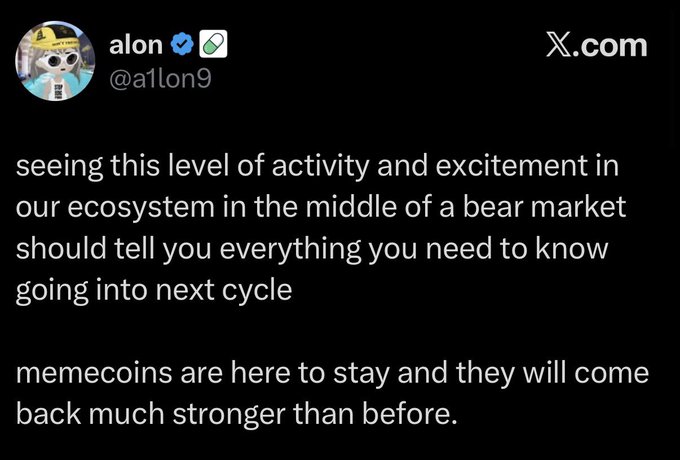 A tweet from verified user @a1lon9 stating that ecosystem activity during a bear market indicates memecoins are here to stay and will return stronger.