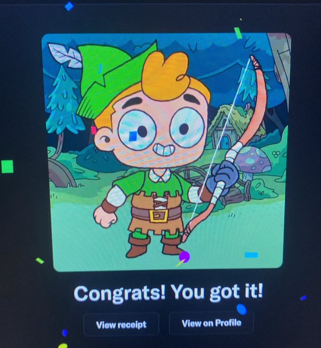 A cartoon Robin Hood-style character holding a bow appears on a screen with the text "Congrats! You got it!" and buttons for "View receipt" and "View on Profile," celebrating the user's successful minting of their "rebel" NFT.