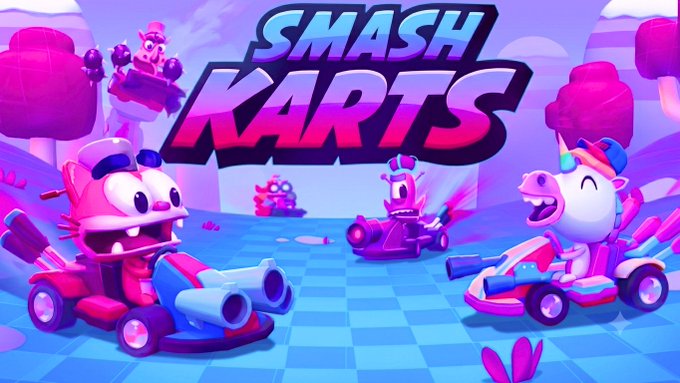 Promotional artwork for the video game 'SMASH KARTS' featuring cartoon characters in go-karts with weapons in a colorful pink and blue environment.