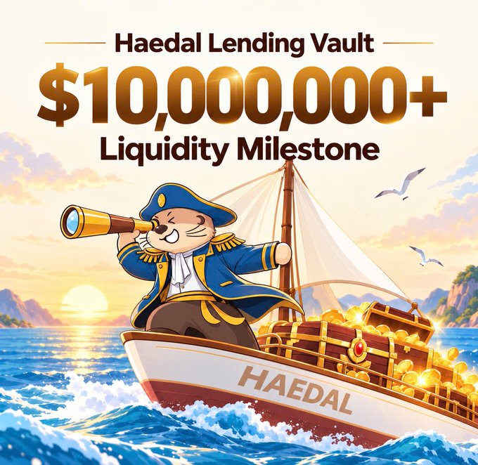 A promotional graphic reading 'Haedal Lending Vault $10,000,000+ Liquidity Milestone' featuring a cartoon cat dressed as a pirate captain with a telescope aboard a ship labeled 'HAEDAL'.