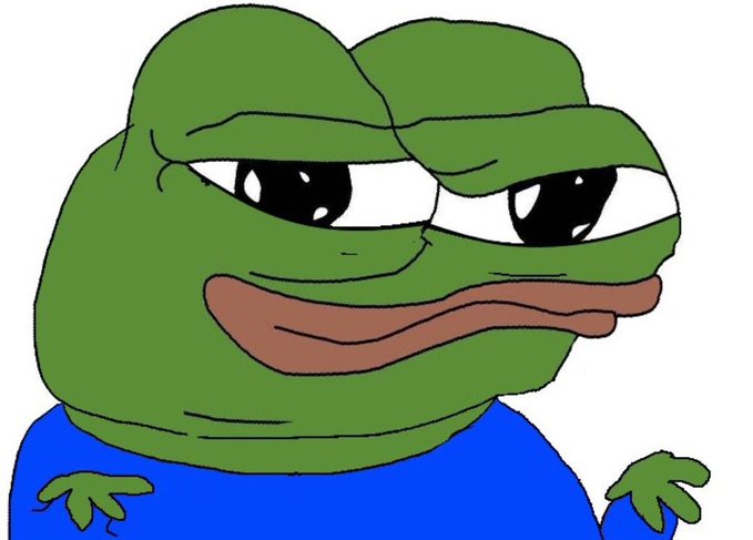 A close-up illustration of the Pepe the Frog meme character with a skeptical expression, wearing a blue shirt against a white background.