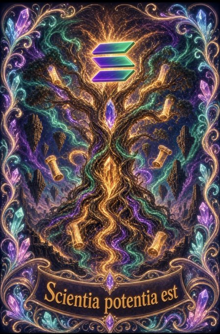 An ornate mystical poster with the Solana logo at the top, featuring a glowing cosmic tree, crystals, scrolls, and a Latin banner reading 'Scientia potentia est' (Knowledge is power).