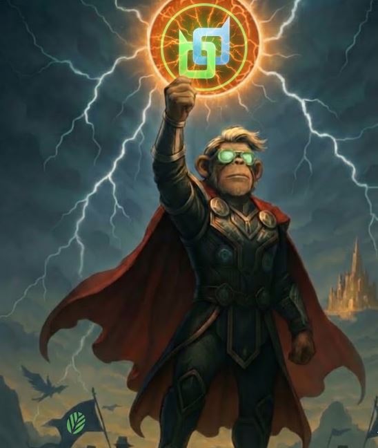 A fantasy-style illustration of a Thor-like monkey character in armor with a red cape and glowing green glasses, raising a fist that holds a glowing logo symbol amid lightning and a castle in the background.