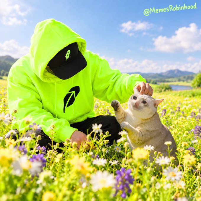A person in a bright neon green Robinhood hoodie and matching cap with the company's feather logo sits in a sunlit meadow of wildflowers, reaching down to pet a curious cat that stands on its hind legs reaching up toward them; the "@MemesRobinhood" watermark appears in the upper right corner, reinforcing the post's playful "just me and $CASHCAT still early" caption that humorously frames the wholesome Robinhood mascot-style moment as an early investment opportunity in the fictional $CASHCAT memecoin.
