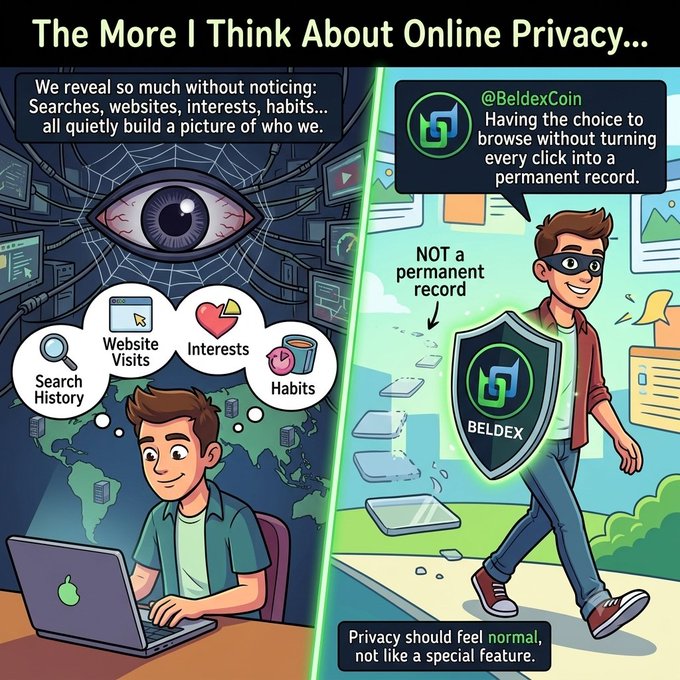A split-panel cartoon illustrating online privacy concerns, showing a person being tracked via search history, website visits, interests, and habits on the left, contrasted with a person protected by a 'BELDEX' shield allowing browsing without a permanent record on the right.