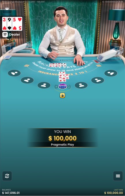The image shows a player winning $100,000 on a Pragmatic Play blackjack game in "Priva Lounge Blackjack," displaying a dealer hand of 3, 9, 5 and the post's caption about tipping people appears unrelated to the gambling screenshot.