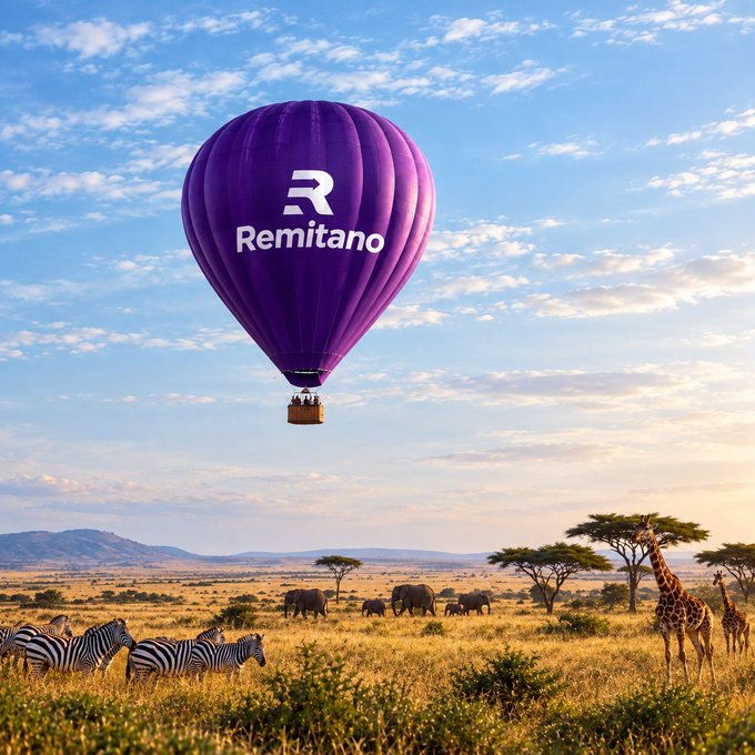 A purple hot air balloon branded with the 'Remitano' logo floats above an African savanna landscape populated by zebras, elephants, and giraffes.