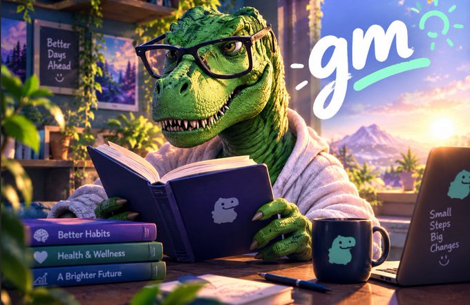 A friendly green dinosaur wearing glasses reads a book in a cozy setting with a "Better Days Ahead" sign and "gm" greeting, surrounded by books titled "Better Habits," "Health & Wellness," and "A Brighter Future," along with a laptop displaying "Small Steps Big Changes." The image relates to the post by visually representing a mindful morning routine focused on building better habits and self-improvement, mirroring the author's shift toward a more reflective, habit-oriented approach to analyzing their sleep data with Sleepagotchi.